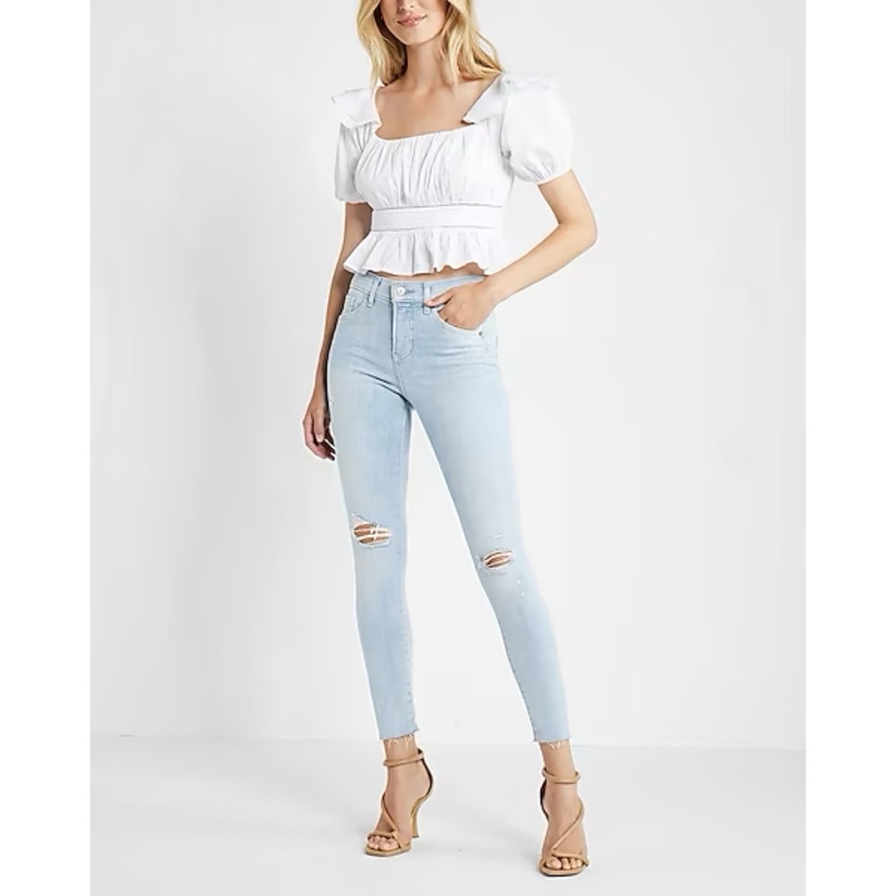 Express Mid Rise Light Wash Ripped Raw Hem Skinny Jeans 12R - Picture 1 of 6